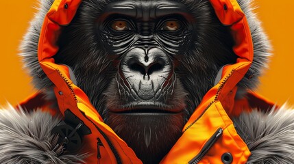 Stylish gorilla in sportive hooded jacket: close-up of a gorilla donning a vibrant orange sportive hooded jacket against an orange backdrop - obrazy, fototapety, plakaty