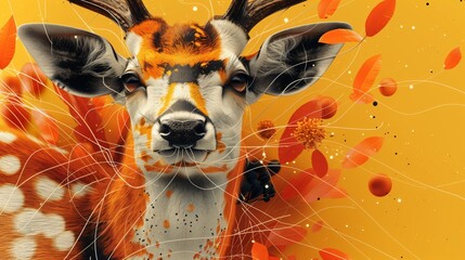 Close-up of deer with a vivid yellow abstract background, blending wildlife with modern art. Digital artwork of vibrant   antlered animal portrait against a textured yellow background