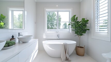 Fototapeta na wymiar Sleek and Modern Bathroom with White Aesthetic and Zen-like Calm