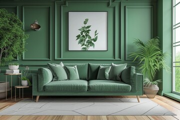 Tranquil Green Living Room Decor with Lush Indoor Plants and Velvet Sofa