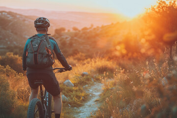 Rear view of a cyclist riding a mountain bike along a trail in a picturesque summer forest with mountain peaks on the background. Extreme sports and enduro biking concept.