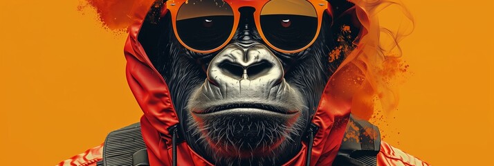 Stylish gorilla in sunglasses and hoodie: trendy ape wearing goggles and a sports hooded jacket on an orange backdrop - obrazy, fototapety, plakaty
