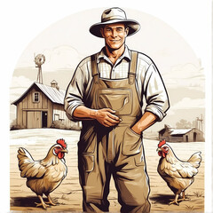 Farming and agriculture concept. Smiling male farmer stand in front of animals at farm after work and harvest. Cartoon flat illustration