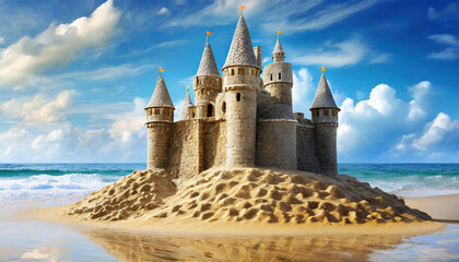 Closeup of a beautiful ancient medieval fantasy sandcastle on a sandy beach by the sea. Generative Ai.