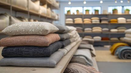 Stacks of new luxury natural fabrics of different colors and textures are neatly laid out on the...