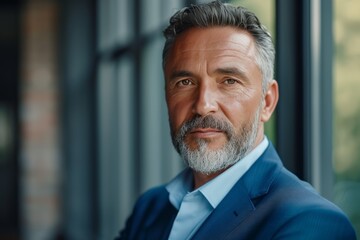 Close-up portrait of elegant, stylish mature businessman with trimmed beard in formal wear. Perfectly fitted blue suit, light blue shirt with upper button undone. Senior executive in business attire. - obrazy, fototapety, plakaty