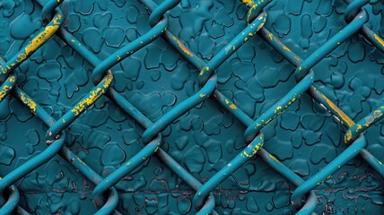 Teal chain-link fence with peeling yellow paint