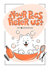 Animal hair grooming salon, haircuts, bathing. Cartoon dog taking a bath full of soapy suds. Dog pet grooming. Vector illustration