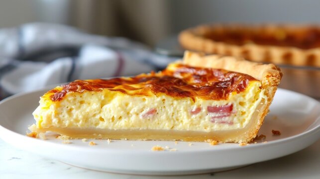 Close-up of Quiche Lorraine slice with bacon, onion and chicken eggs. Baked custard dough served on white plate. Classic recipe of traditional French pie.
