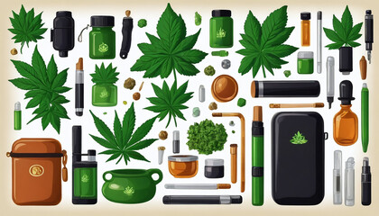Cannabis Accessories And Smoke Illustration.