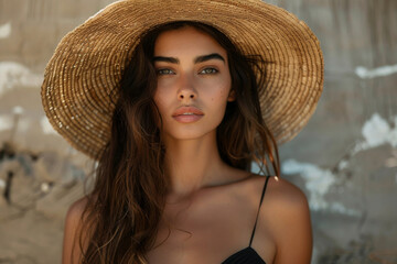 Beautiful stylish fashion young woman wearing summer hat with glamour, natural skin