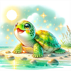 An illustration of Pond slider cute turtle basking in the sun, rendered in watercolor style.