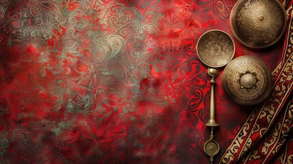 Ornate oriental metal objects on a richly patterned backdrop