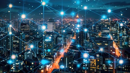 Futuristic illustration of network connections over a cityscape at night