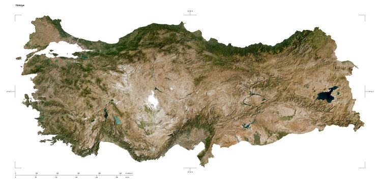 T&uuml;rkiye shape isolated on white. Low-res satellite map