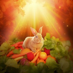 A rabbit eating a feast of vegetables in a garden paradise animation