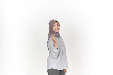 Young Asian woman wearing hijab showing love finger korean isolated on white background