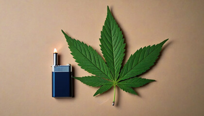 Marijuana Leaf With Battery And Lighter.