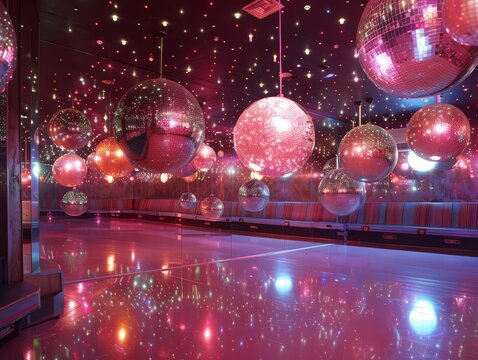 60s space-themed roller disco, skating under stars, disco balls reflecting planets