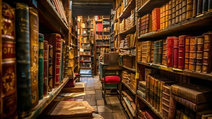 A library with old books in beautiful leather bindings with ornaments. Collection of literature in a bookstore. Stacks of books, overflowing bookcase shelves - obrazy, fototapety, plakaty