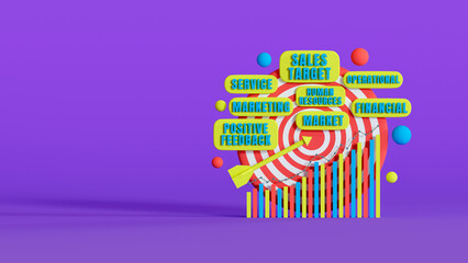 Company target concept. 3D illustration of the company's growth and target achievement diagram