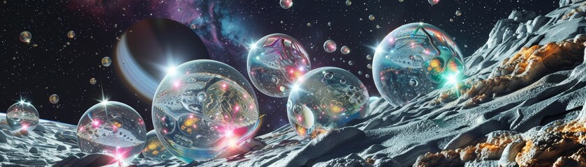 70s disco on an orbiting asteroid, glitter balls and space boots - obrazy, fototapety, plakaty