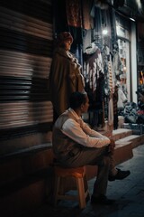 Man sitting in a chair next to a shop with his hands crossed in front of him