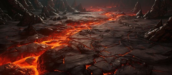 A scene depicting molten lava flowing down a textured ground, creating a mesmerizing display of natural destructive power and geological activity.