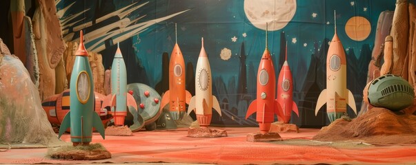 1950s sci-fi movie set, cardboard rockets, painted backdrops, alien costumes