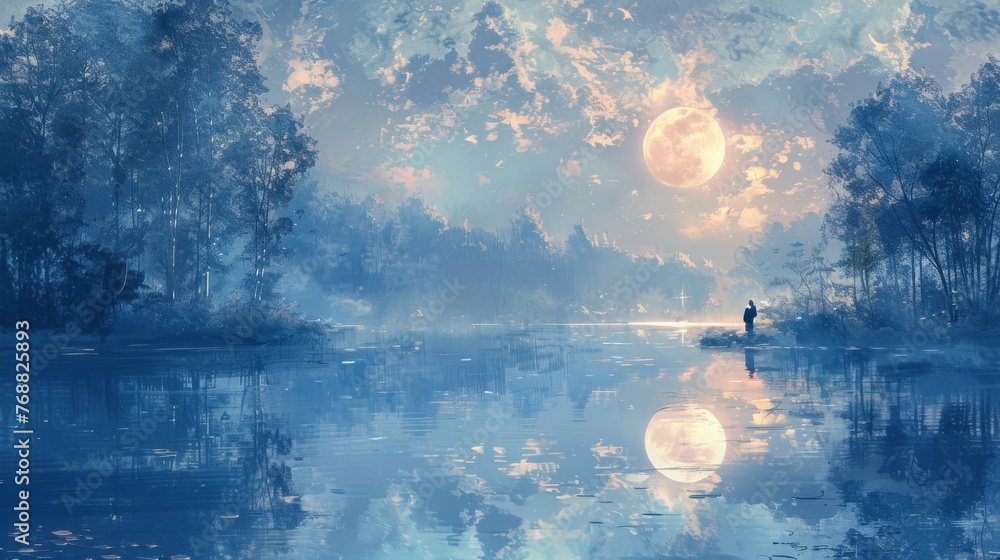 Poster transform the scene into a tranquil night setting with a soft, pastel-colored moon casting a gentle 