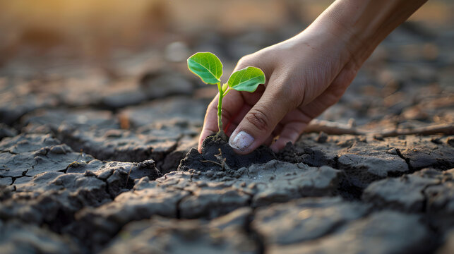 Human hand planting a single plant in a dry landscape, symbolizing hope for a greener future and inspiring actions to save the world.