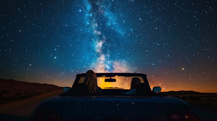 Couple in a convertible under the stars, fantastic space, romance against the backdrop of the universe - obrazy, fototapety, plakaty