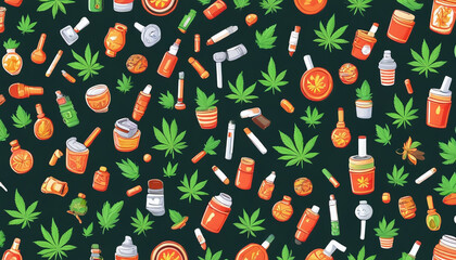Marijuana Smoking Accessories Cartoon Pattern. - obrazy, fototapety, plakaty