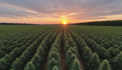 Sunset Over A Legal Cannabis Field In France For Industrial Use. - obrazy, fototapety, plakaty