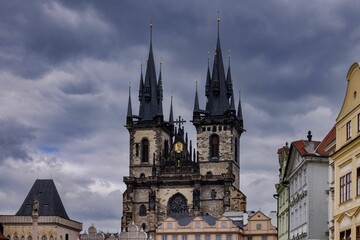 Fototapeta na wymiar Church of Our Lady before Tyn in Prague, Czech Republic on a cloudy day