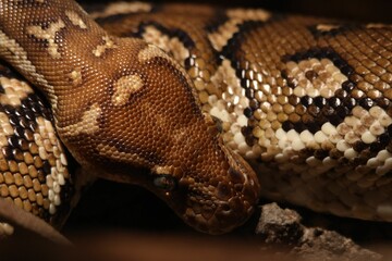 Close-up photo of a ball python snake coiled up and resting on a wooden surface
