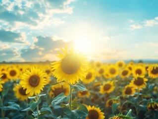Sunflower field at noon, endless rows of bright yellow flowers facing the sun, symbol of summer's peak