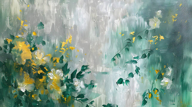 Vibrant Abstract Flora: A Modern Oil Painting Featuring Golden Brush Strokes and Textured Green Florals in an Intriguing Scene
