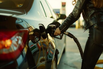 The woman's determination was palpable as she poured fuel into her tank at the gas station
