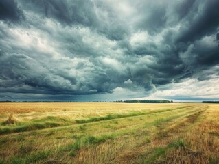 Summer storm approaching over fields, dynamic skies, space for text