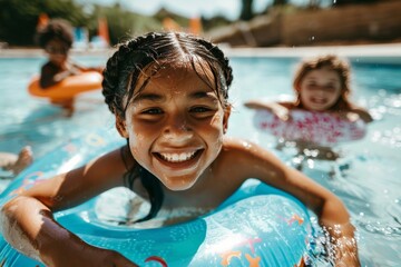 group of diverse children in swimming pool with inflatable ring circles, smiling kids wearing swimwear at outdoor summer pool party portrait