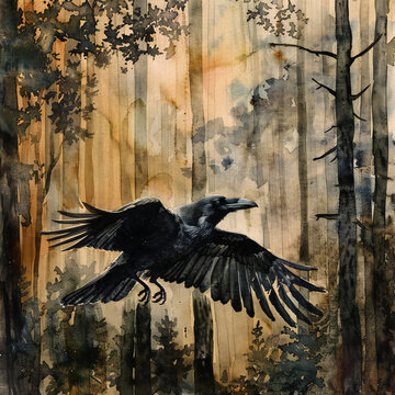 Raven flying in the forest watercolor painting
