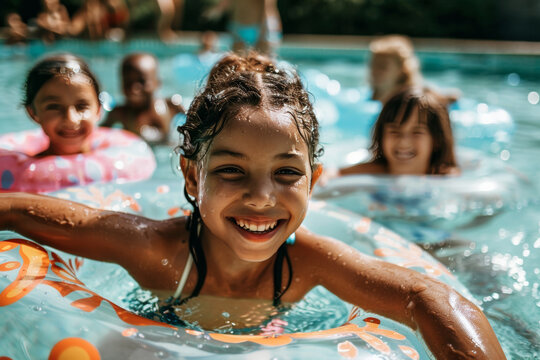 group of diverse children in swimming pool with inflatable ring circles, smiling kids wearing swimwear at outdoor summer pool party portrait