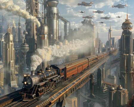Classic steam train chugging through a futuristic city, flying cars overhead