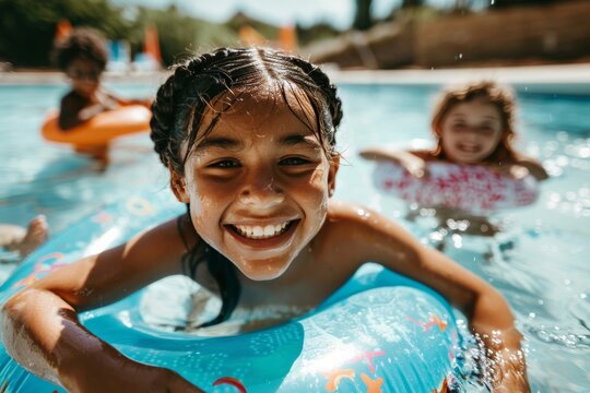 group of diverse children in swimming pool with inflatable ring circles, smiling kids wearing swimwear at outdoor summer pool party portrait