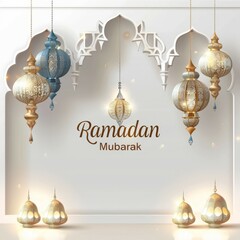 A Ramadan Mubarak greeting card featuring lanterns made of glass and metal hanging from the ceiling, creating a beautiful display of art and light bulbs in a symmetrical pattern