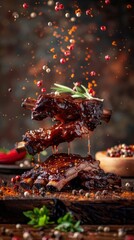 Beef short ribs, delicious juicy beef ribs with spices and sauce close-up on a board on a dark background