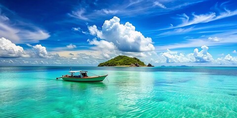 Boat in turquoise ocean water against blue sky with white clouds and tropical island. Natural landscape for summer vacation, panoramic view.