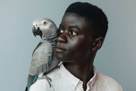 grey jaco pet parrot sitting on a man&rsquo;s shoulder, portrait of male with domestic african parakeet on plain background