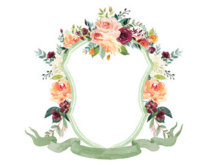 Naklejka premium Watercolor Crest Dark Forest green/peach, Boho Floral 